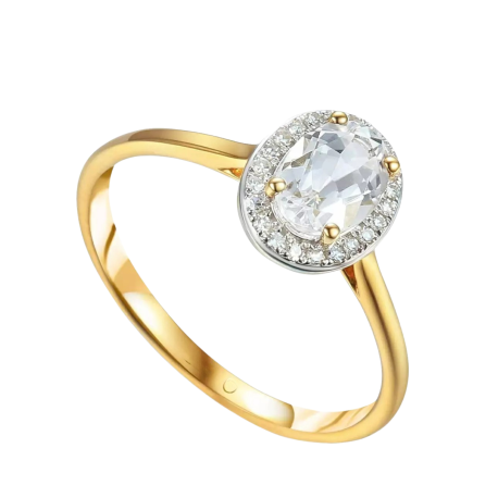 Złoty pierścionek 585 z owalnym białym topazem i 22 diamentami