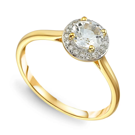 Złoty pierścionek z białym topazem otoczonym diamentami