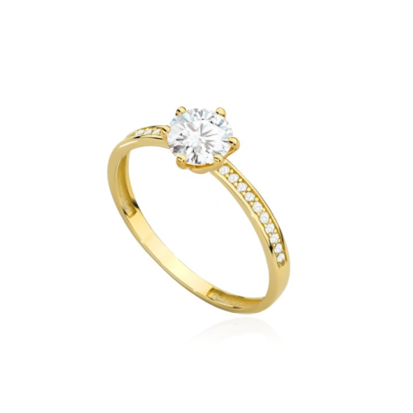 Złoty pierścionek 585 z dużą cyrkonią i bocznym zdobieniem