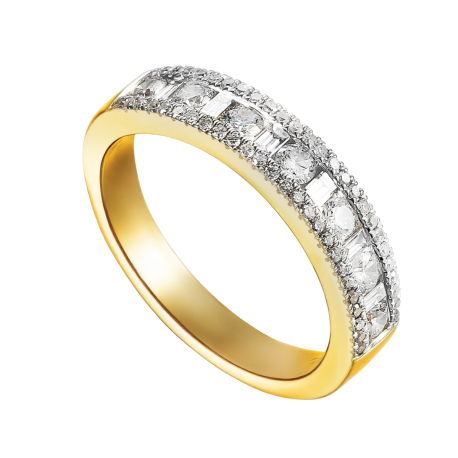Złoty pierścionek obrączkowy 585 z 65 diamentami o szlifach brylantowym i bagietowym