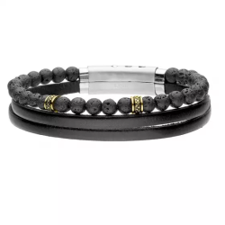 Męska bransoletka z lawy wulkanicznej i skóry z pozłacanymi beadsami – GIL JUBILER