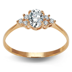 Złoty pierścionek z owalną cyrkonią i karmazycją